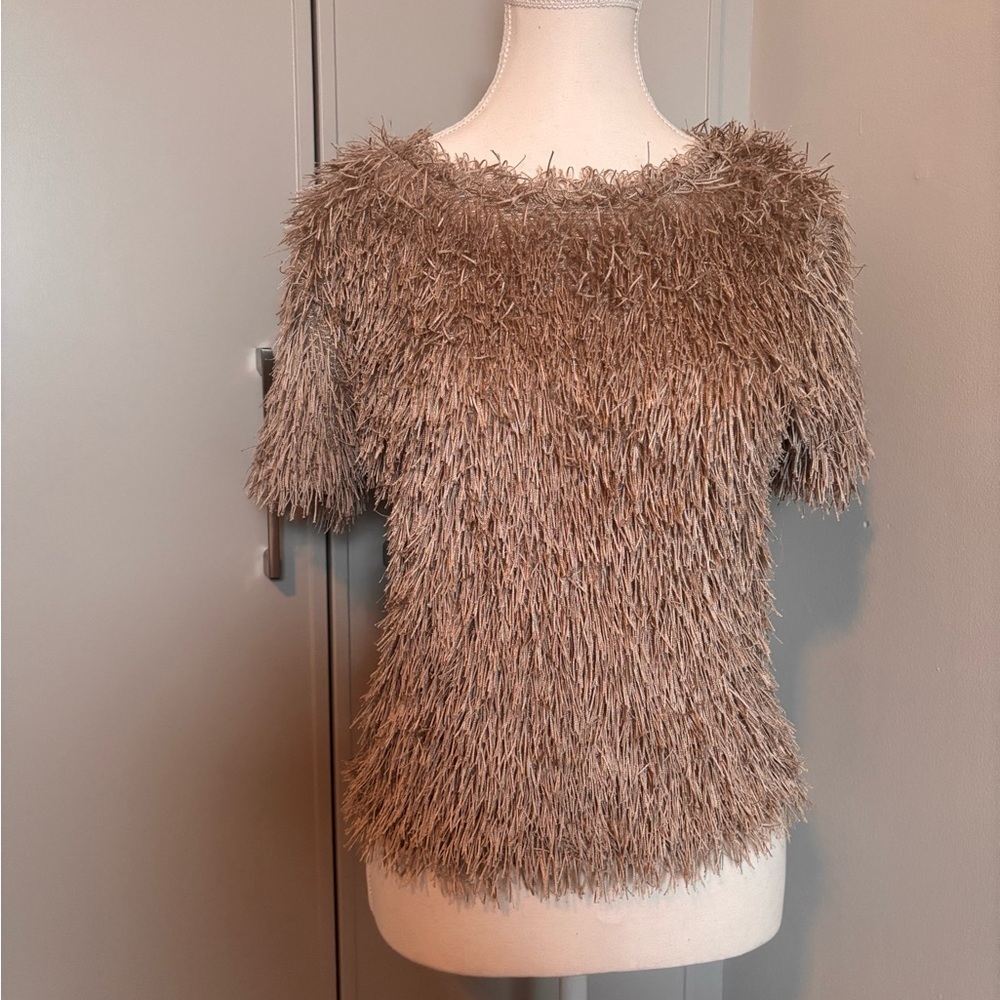 Zara Tan Short Sleeve Fringe Top